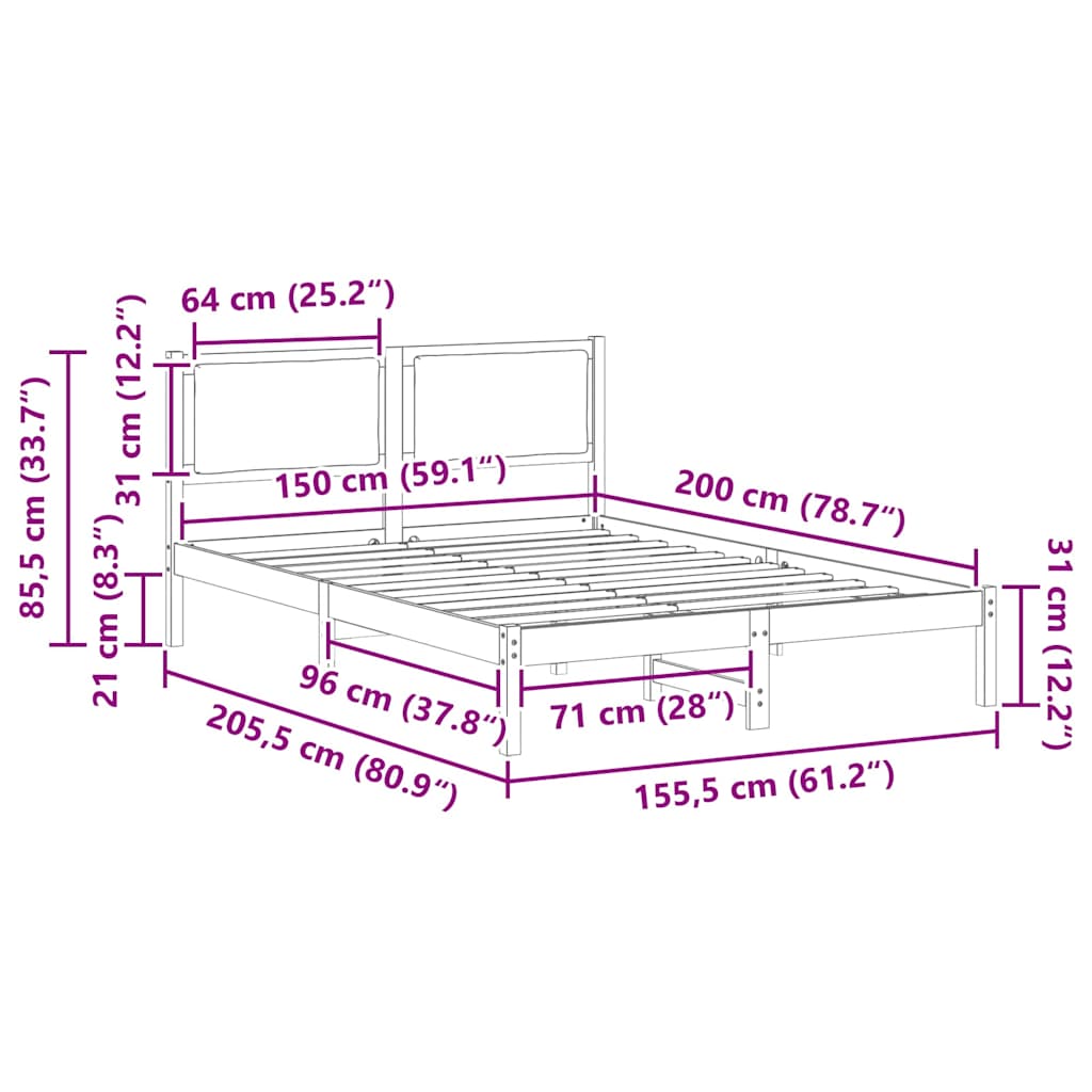 Sengestel med hovedgærde Lysegrå 150 x 200 cm Massiv fyrretræ