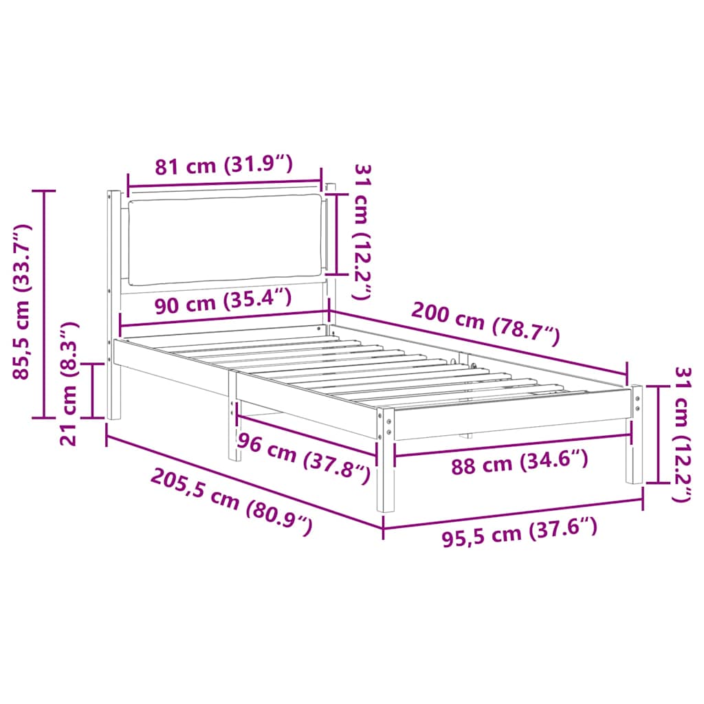 Sengestel med hovedgærde Lysegrå 90 x 200 cm Massiv fyrretræ
