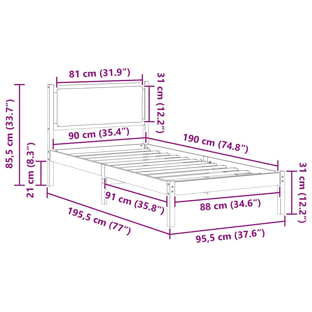 Sengestel med hovedgærde Sort 90 x 190 cm Massiv fyrretræ