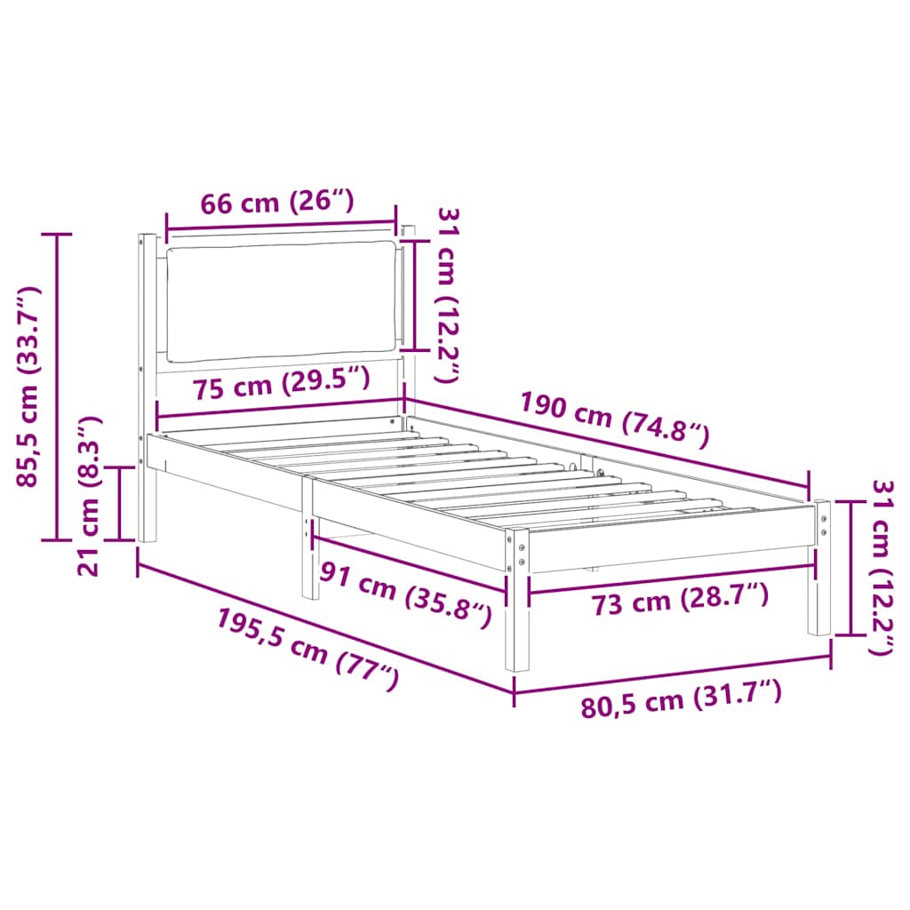 Sengestel med hovedgærde Mørkegrå 80 x 190 cm Massiv fyrretræ
