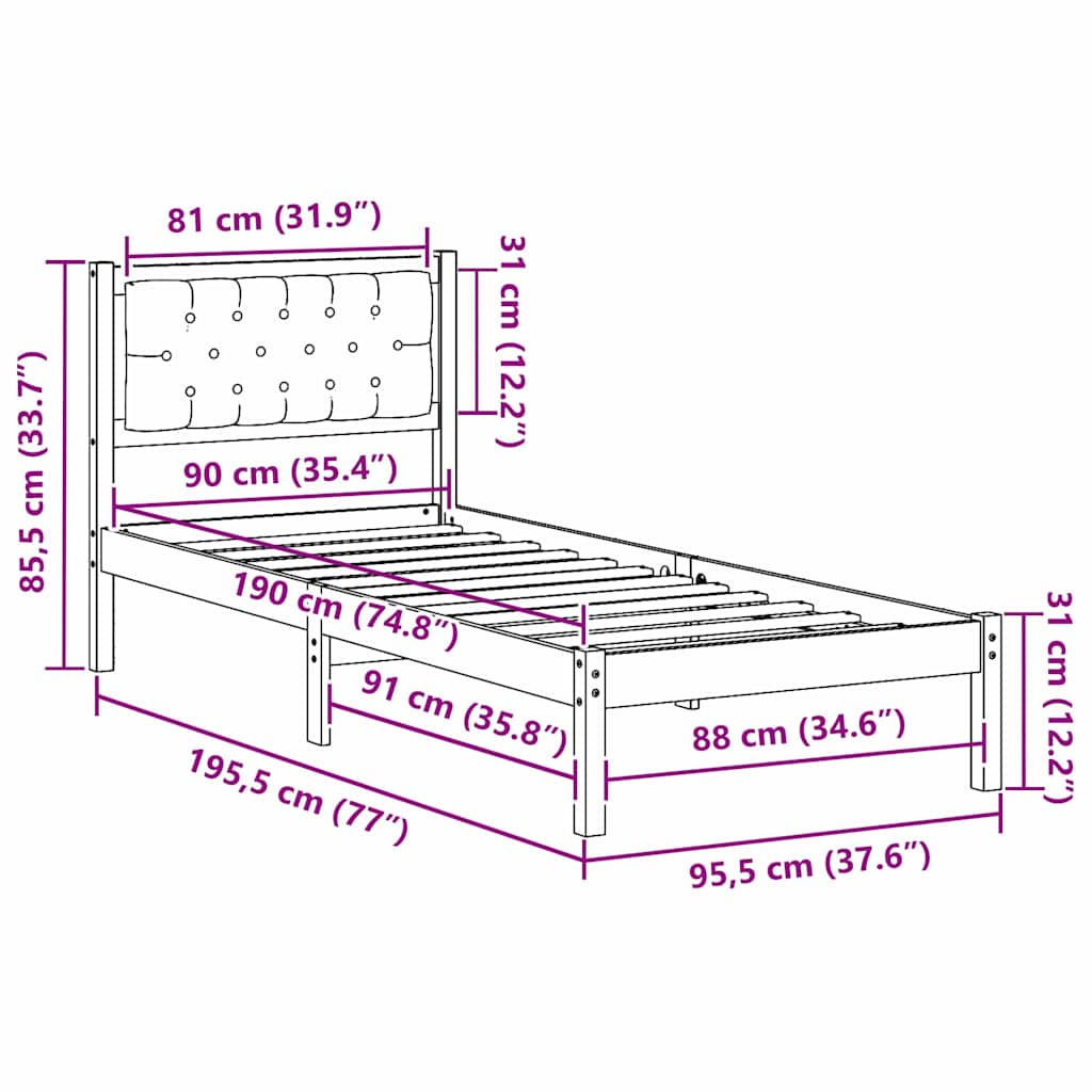 Sengestel med hovedgærde Lysegrå 90 x 190 cm Massiv fyrretræ