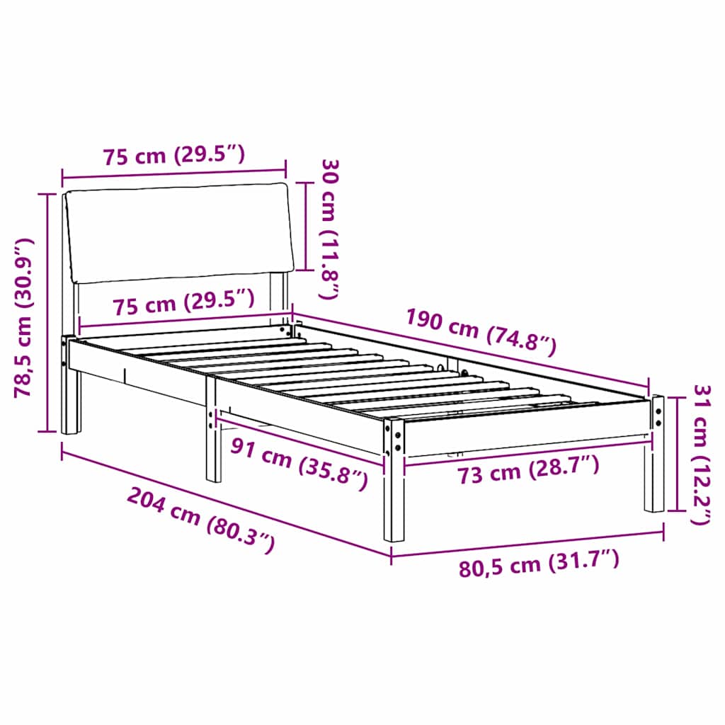 Sengestel Hvid og lys grå 75 x 190 cm Massivt fyrretræ