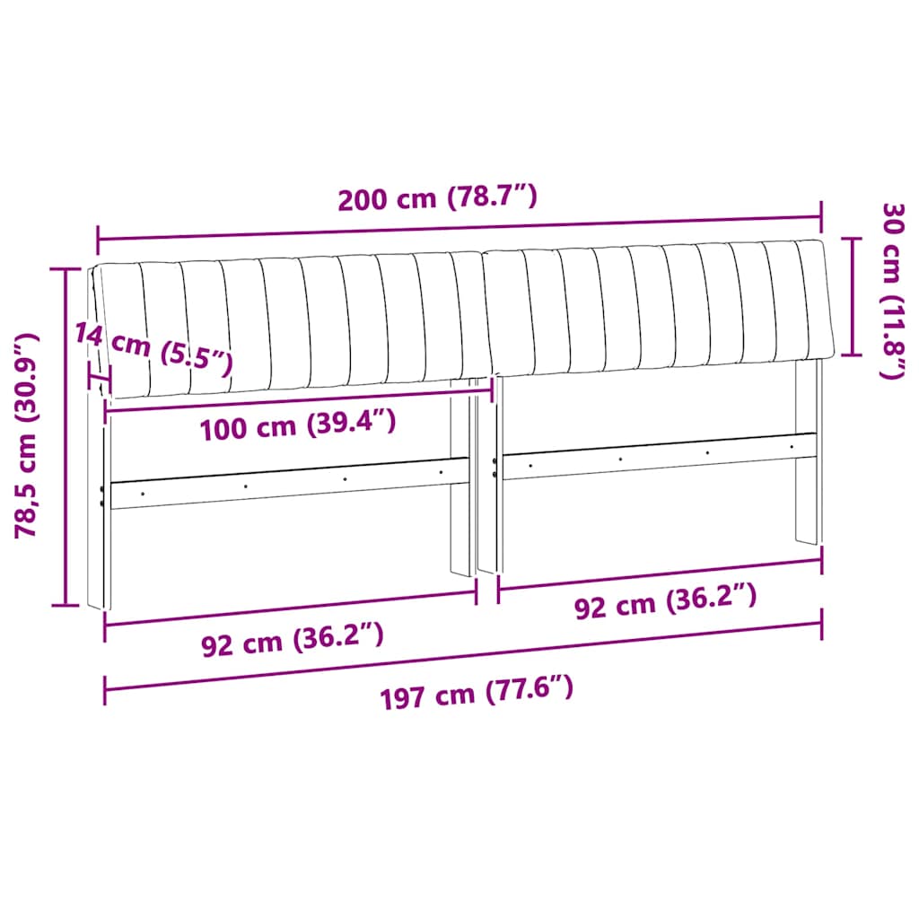 Polstret sengegavl Sort 200 cm Massiv fyrretræ