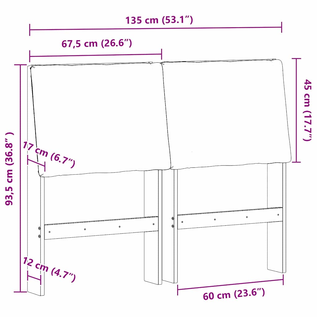 Polstret sengegavl Sort 135 cm Massiv fyrretræ