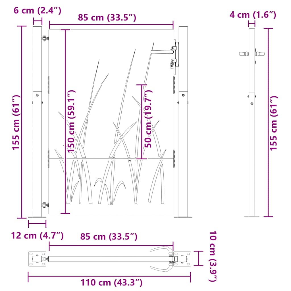 Haveport med lås Sort 110 x 155 cm Pulverlakeret Stål