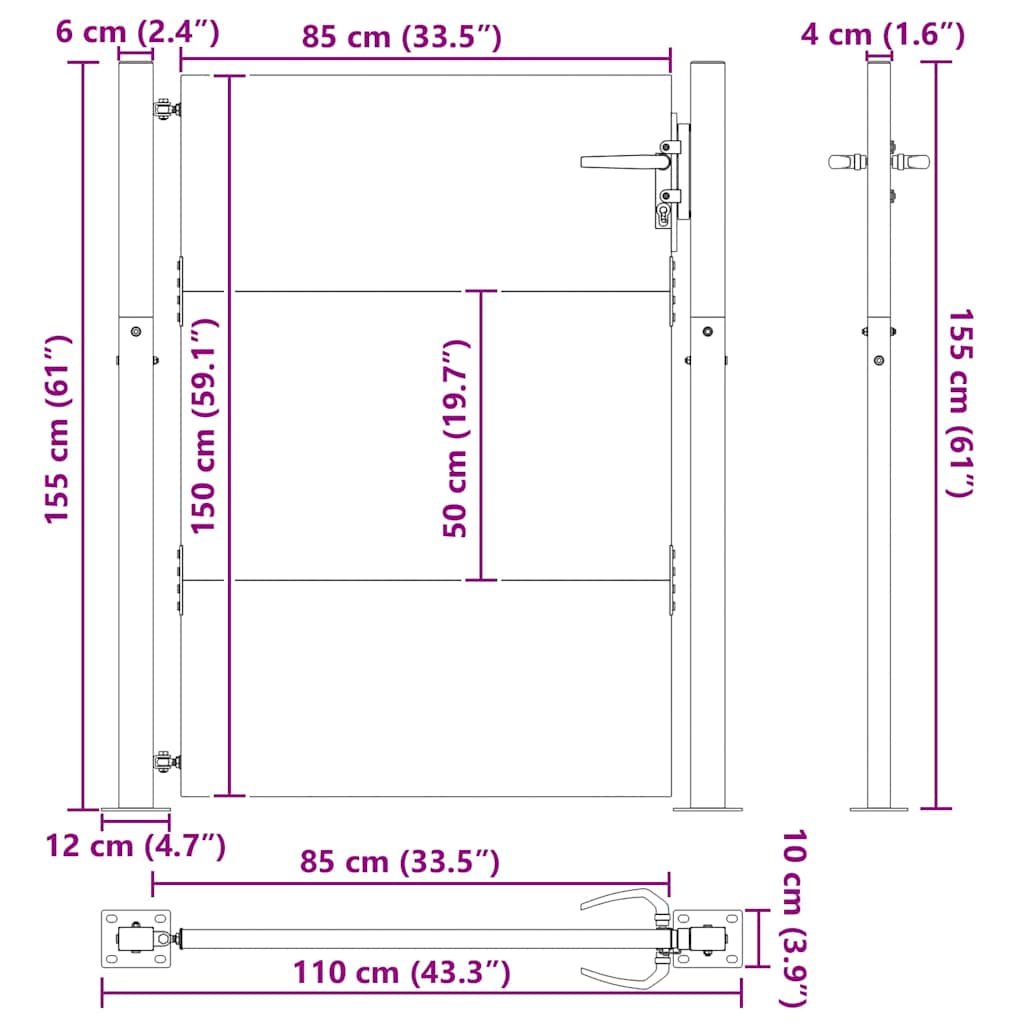 Haveport med lås Sort 110 x 155 cm Pulverlakeret stål