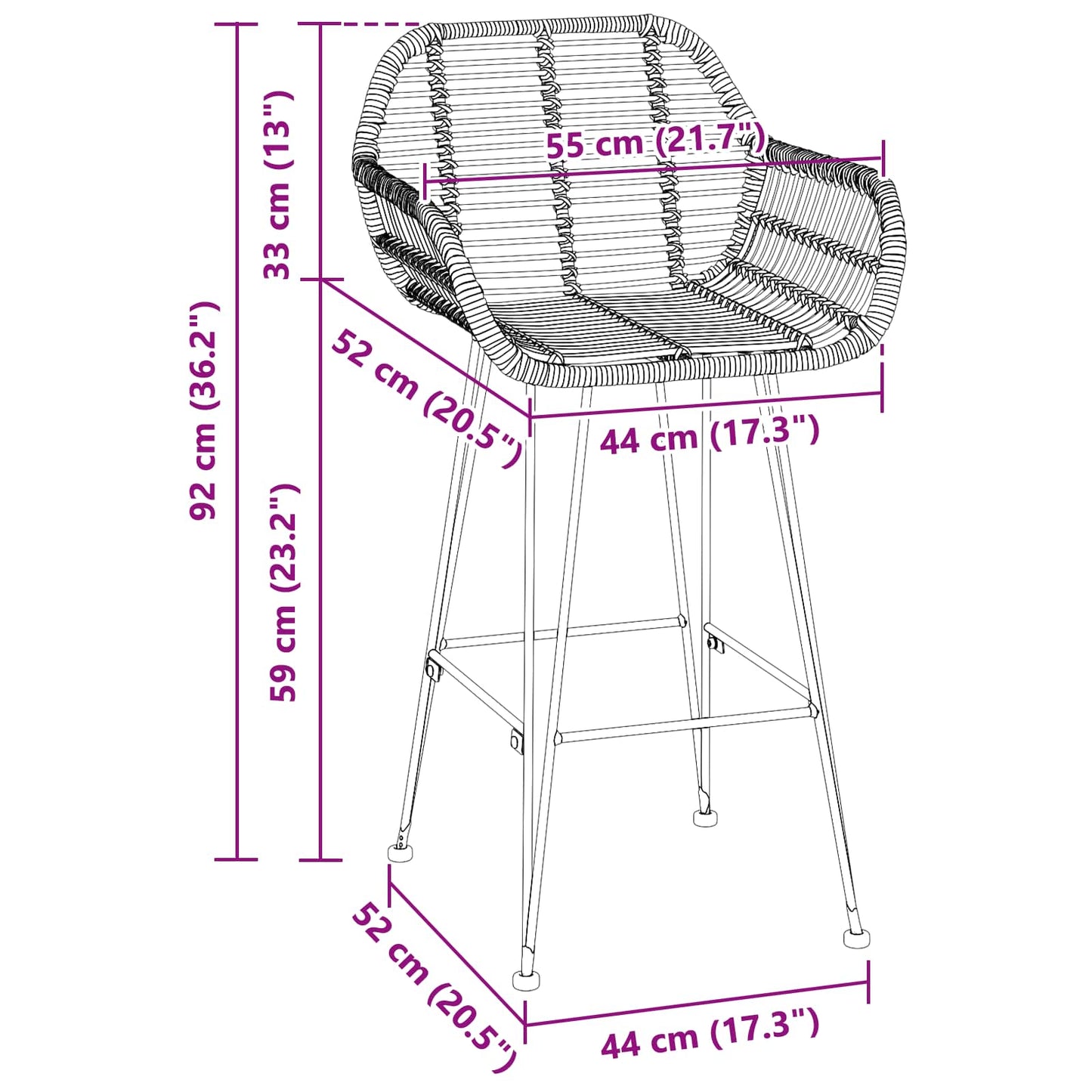Barstol 2 pcs 55 x 52 x 92 cm Rattan og Jern