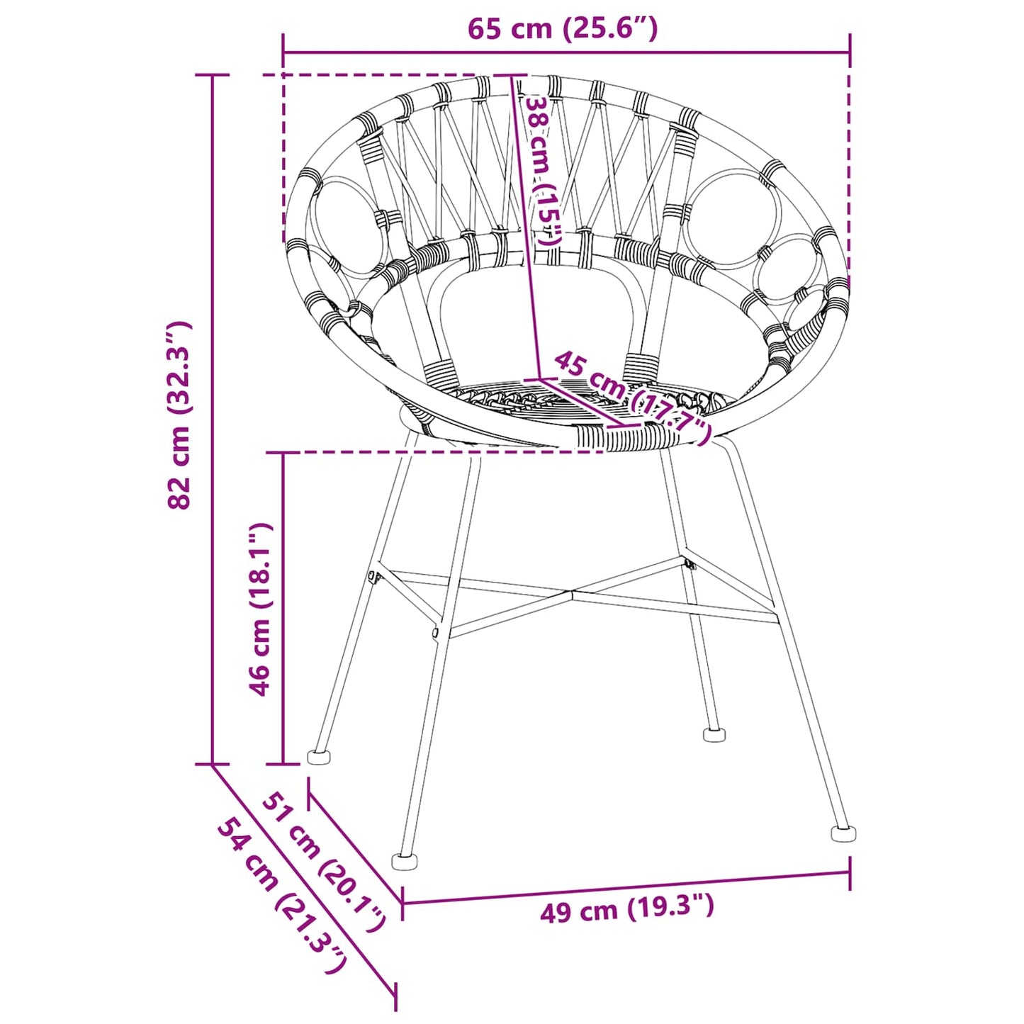Spisestuestol 2 pcs Rattan og Jern Sort 54 x 65 x 82 cm