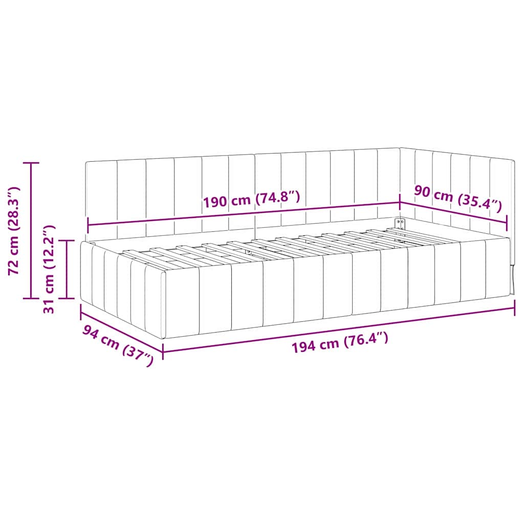 Hjørnesengramme med hovedgærde Lyserød 90 cm x 190 cm Fløjl