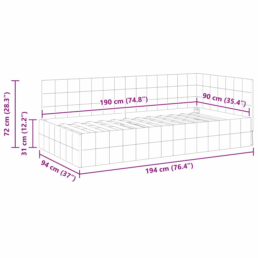 Hjørnesengramme med hovedgærde Vinrød 90 cm x 190 cm Fløjl