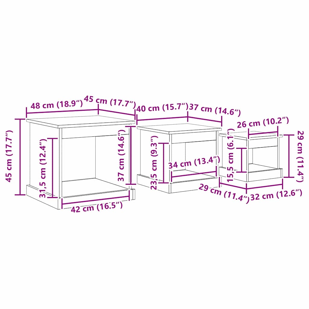 Sofabord 3 stk. Sort eg 48 x 45 x 45 cm Konstrueret træ