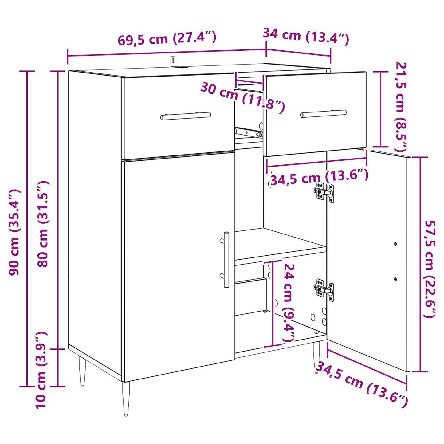 Sideboard Sort eg 69,5 x 34 x 90 cm Konstrueret træ