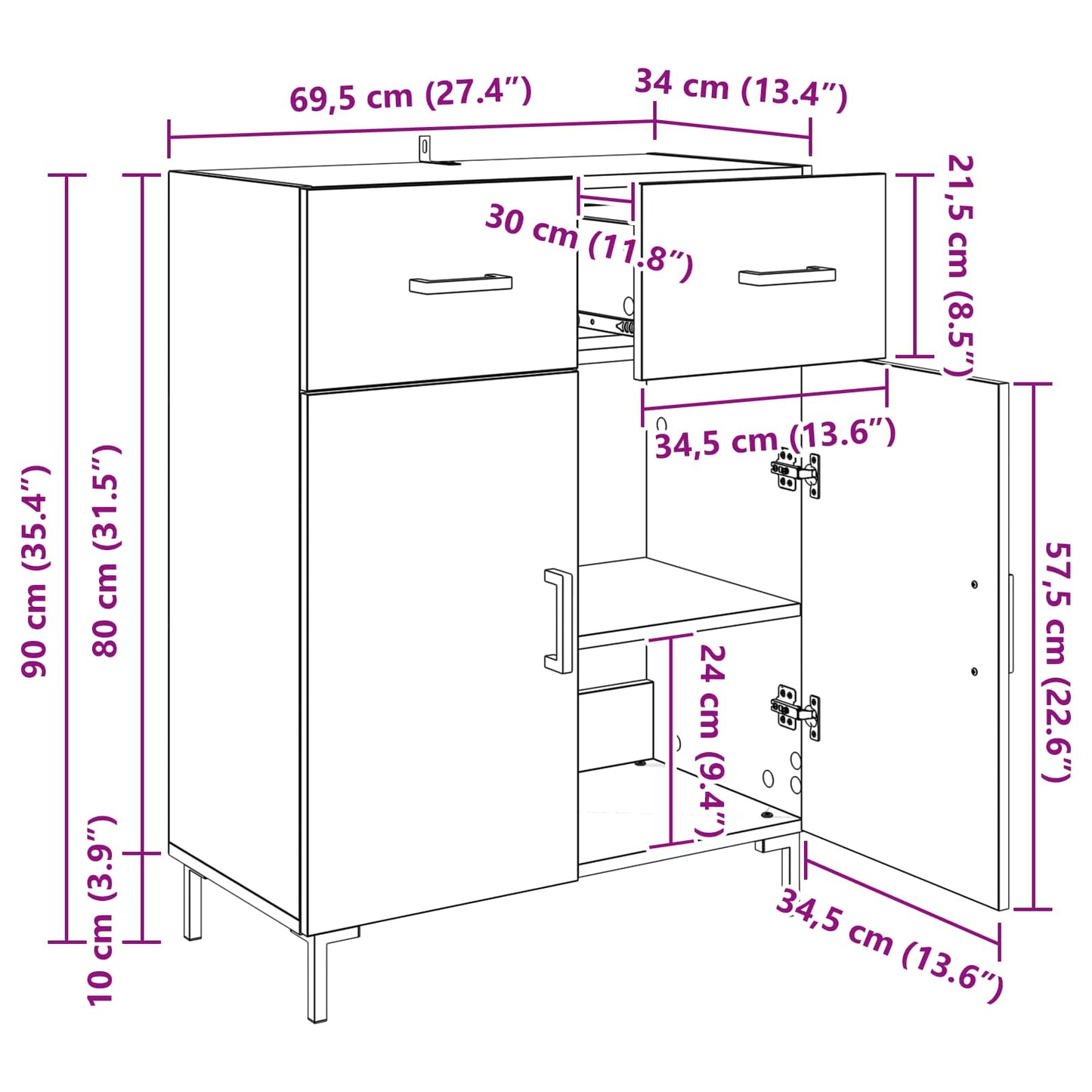 Sideboard Sort eg 69,5 x 34 x 90 cm Konstrueret træ