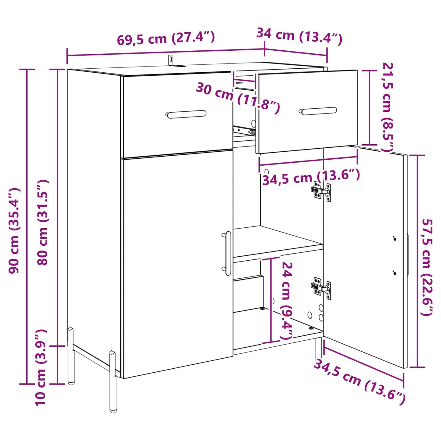 Sideboard Artisan Egetræ 69,5 x 34 x 90 cm Konstrueret træ