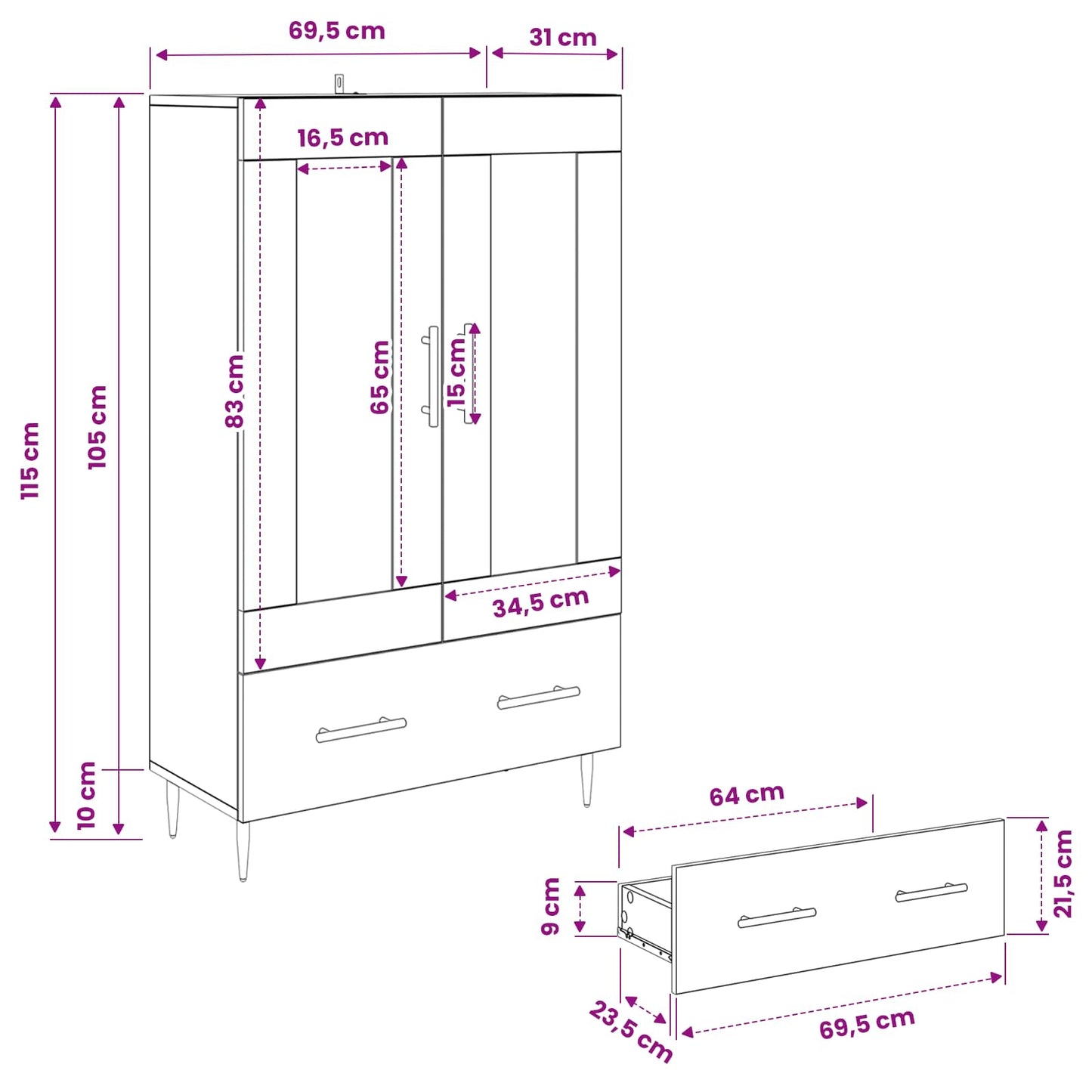Highboard Gammelt træ 69,5 x 31 x 115 cm Ingeniørtræ og glas