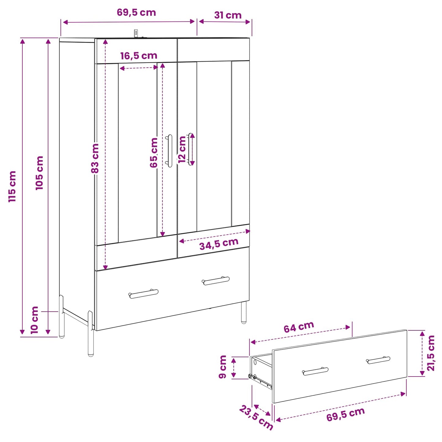 Highboard CORONA Artisan Egetræ 69,5 x 31 x 115 cm