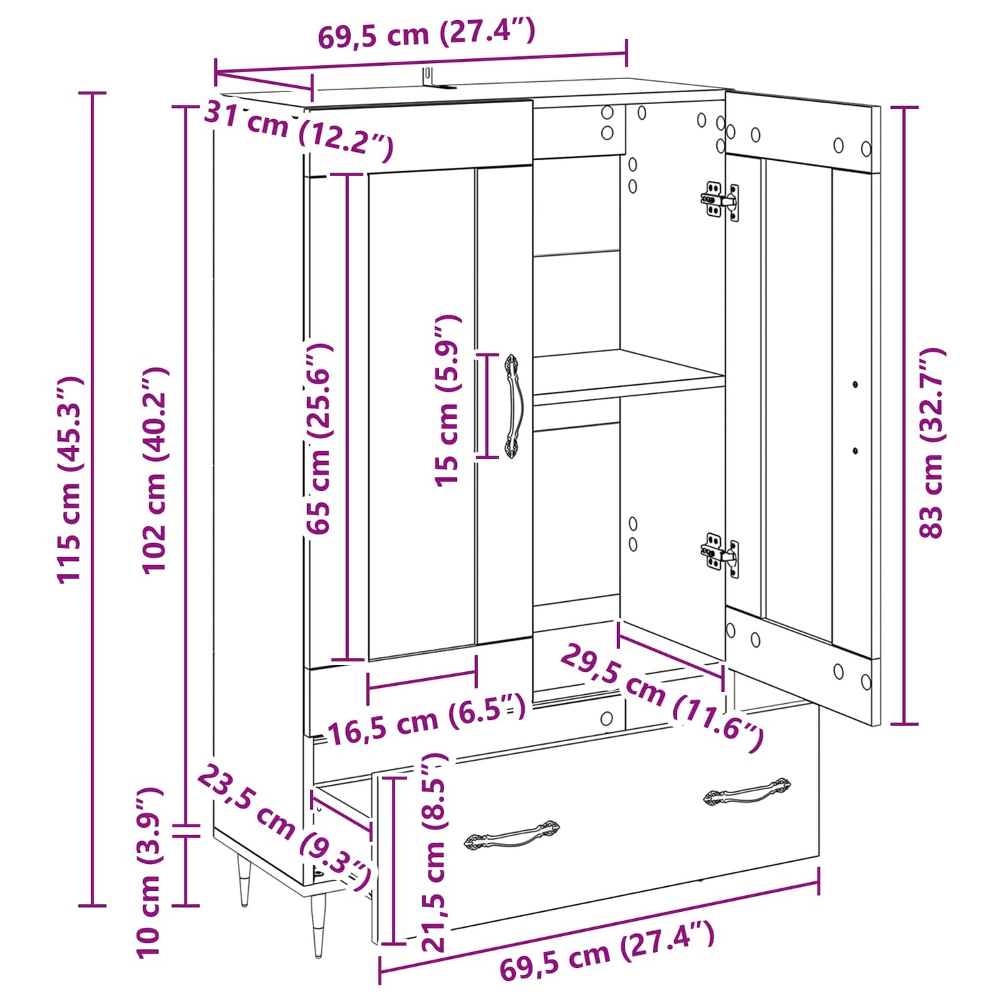 Highboard Sort eg 69,5 x 31 x 115 cm Konstrueret træ