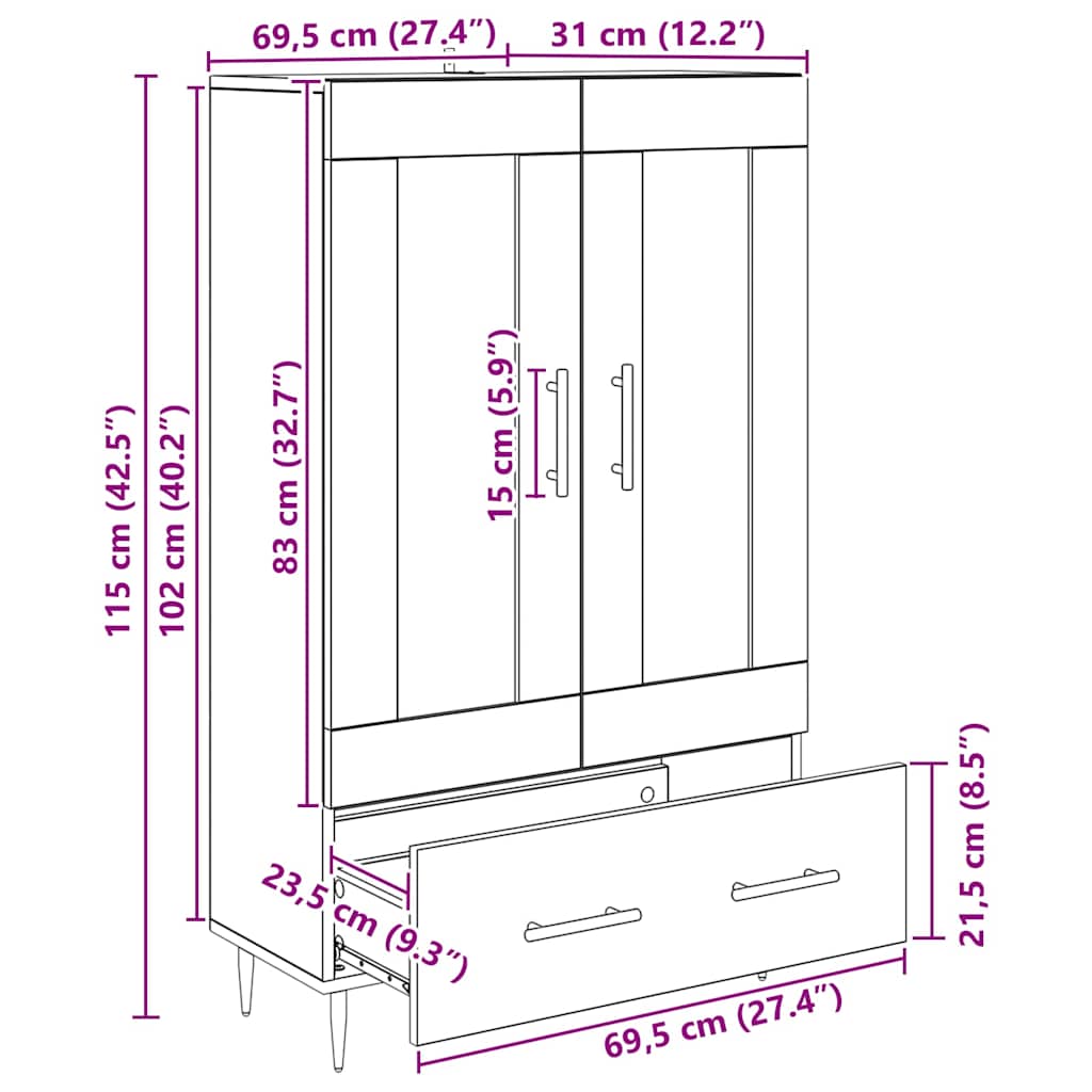 Highboard Sort eg 69,5 x 31 x 115 cm Konstrueret træ