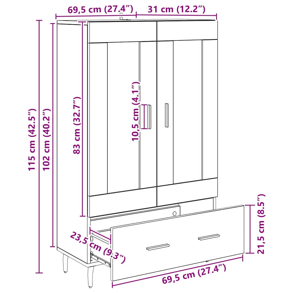 Highboard Sort eg 69,5 x 31 x 115 cm Konstrueret træ