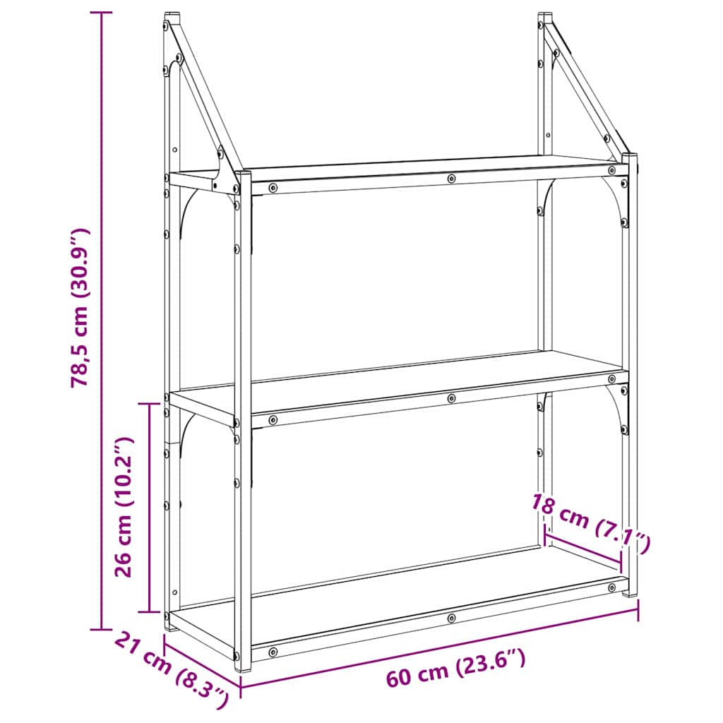 Væghylde Vægmonteret Sort eg 60 x 21 x 78,5 cm Konstrueret træ