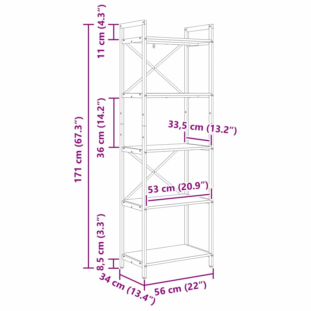 Bogreol 5 niveauer 56 x 34 x 171 cm Konstrueret træ Røget eg
