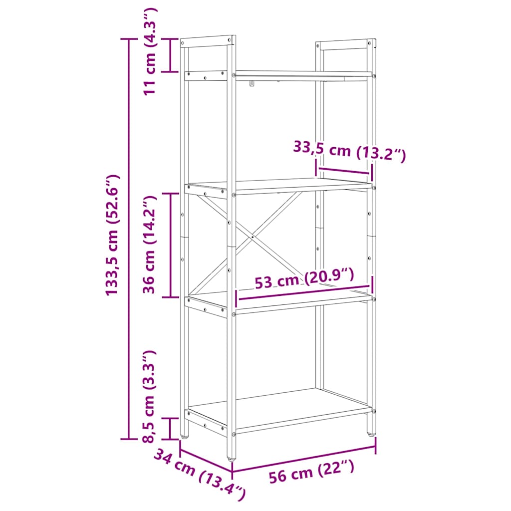 Bogreol 4 niveauer 56 x 34 x 133,5 cm Konstrueret træ