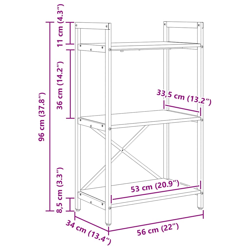 Bogreol 3 niveauer 56 x 34 x 96 cm Konstrueret træ Grå Sonoma