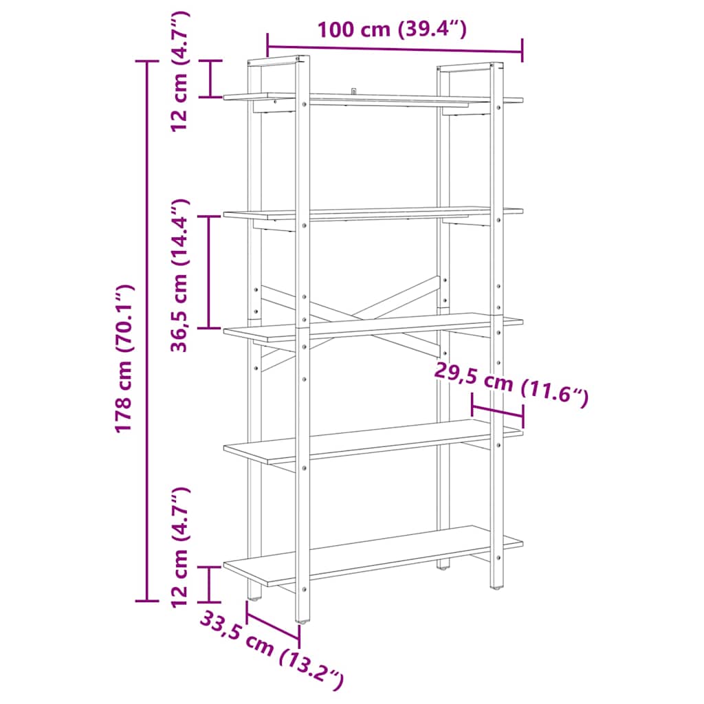 Bogreol 5 niveauer 100 x 33,5 x 178 cm Konstrueret træ