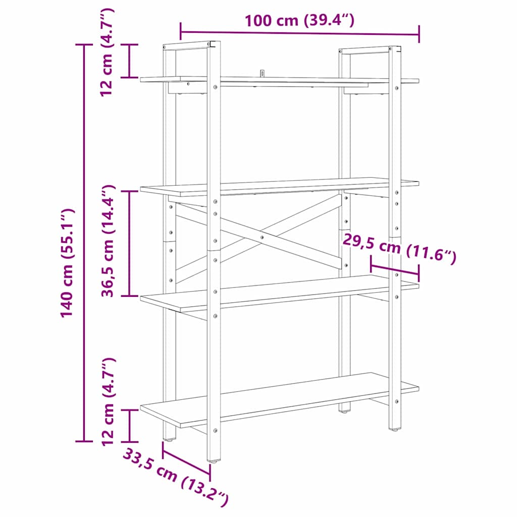 Bogreol 4 niveauer 100 x 33,5 x 140 cm Konstrueret træ
