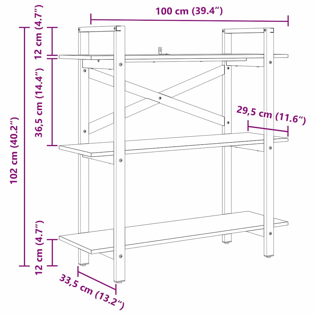 Bogreol 3 niveauer 100 x 33,5 x 102 cm Konstrueret træ