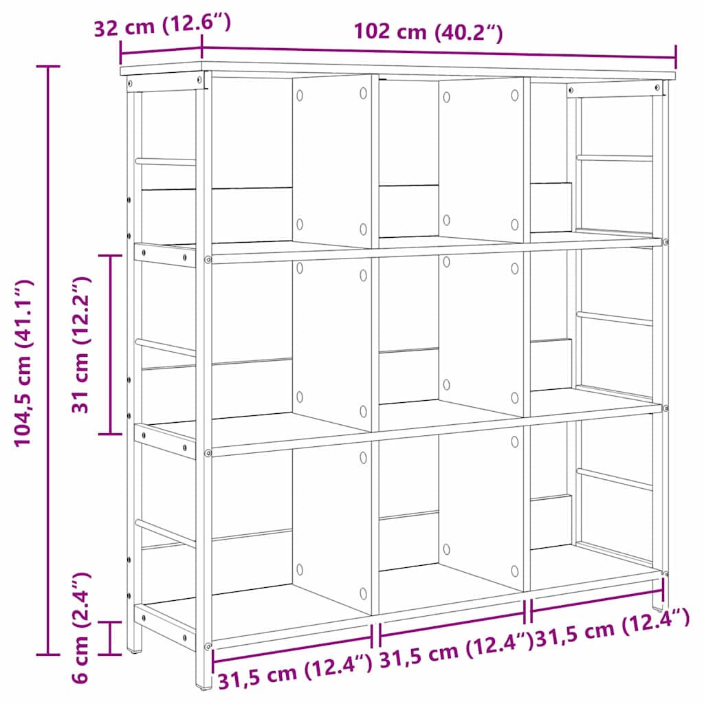 Bogreol 9 niveauer 102 x 32 x 104,5 cm Konstrueret træ Sort eg