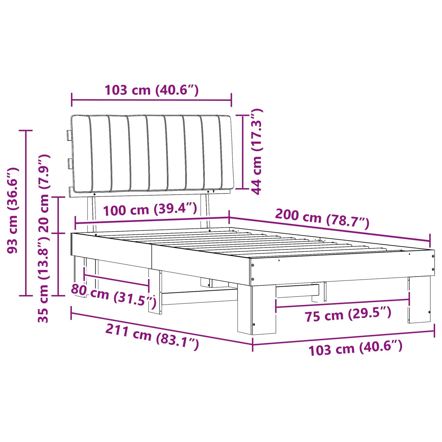 Sengestel med Polstret Hovedgavl Sort 100 x 200 cm