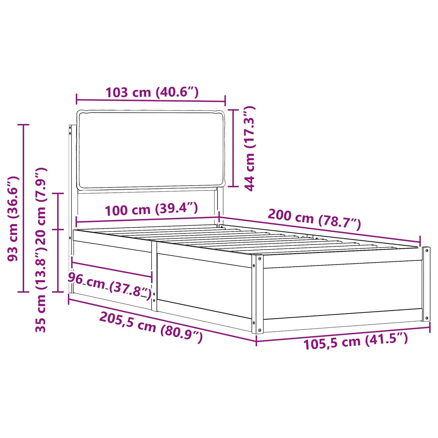 Sengestel med Polstret Hovedgavl Lysegrå 100 x 200 cm