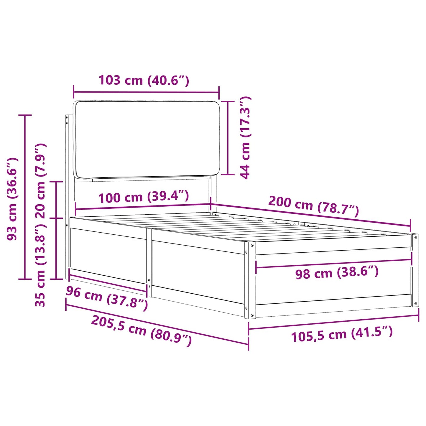 Sengestel med Polstret Hovedgavl Sort 100 x 200 cm