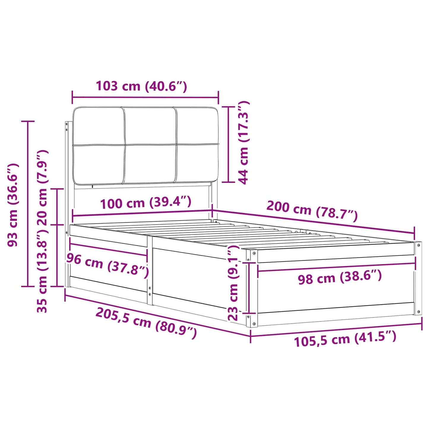 Sengestel med Polstret Hovedgavl Mørkegrå 100 x 200 cm