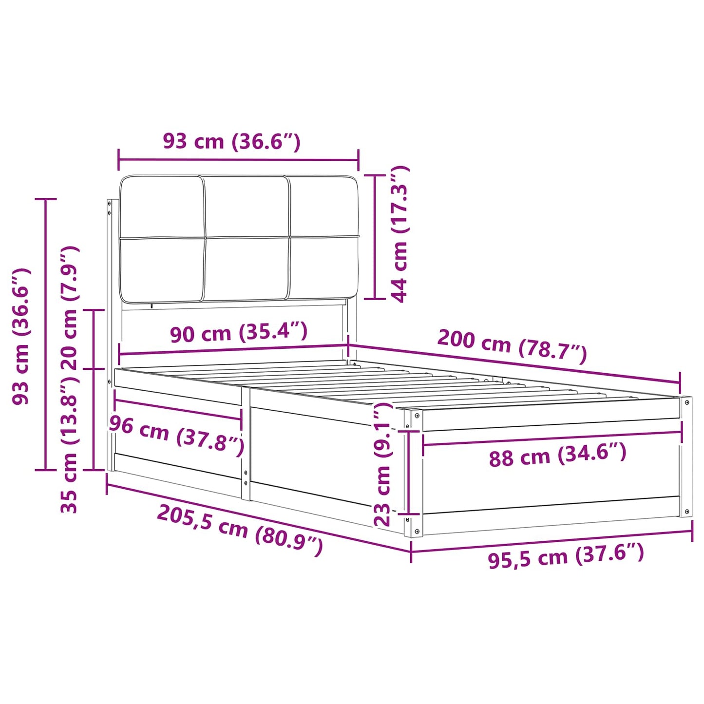 Sengestel med Polstret Hovedgavl Sort 90 x 200 cm