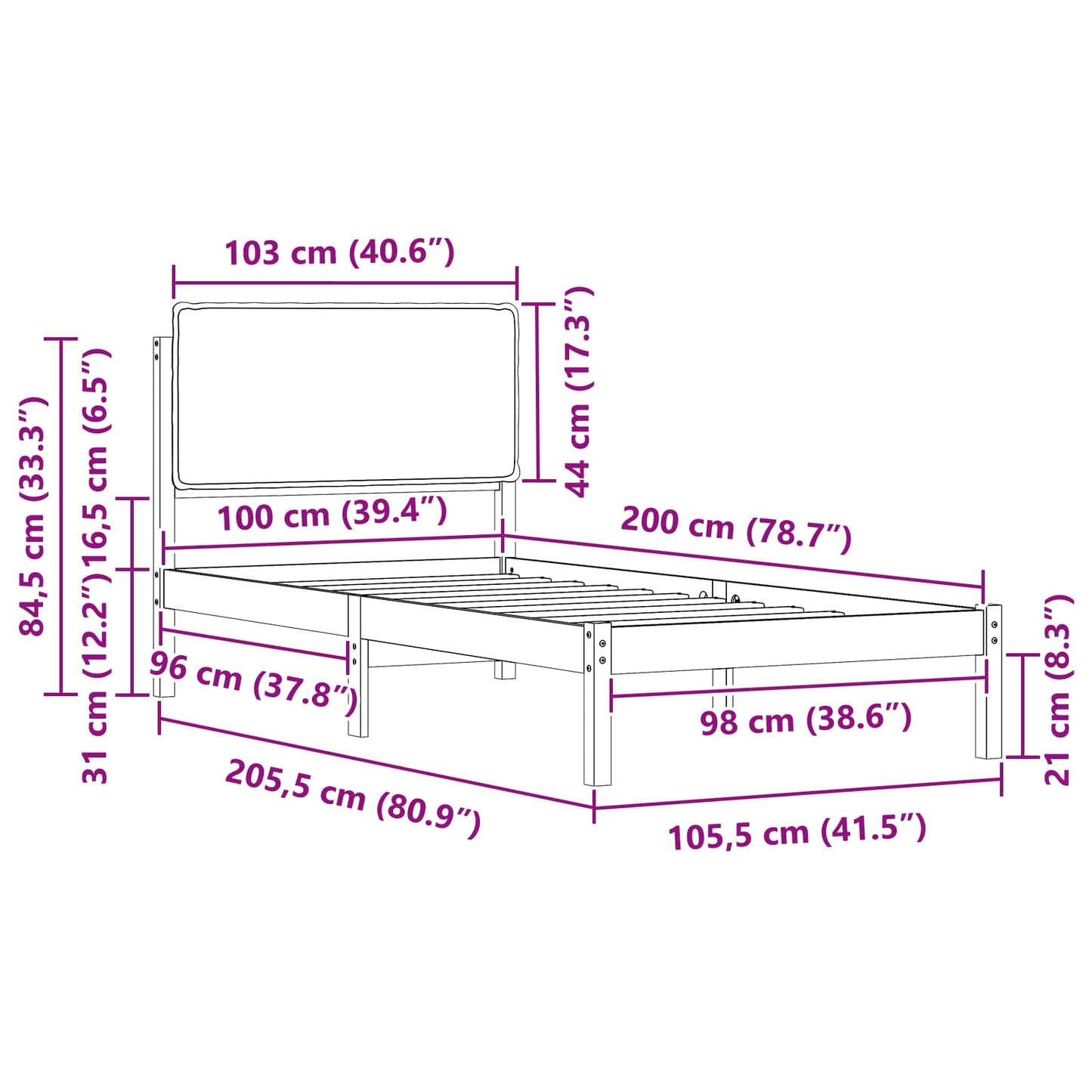Sengestel med Polstret Hovedgavl Mørkegrå 100 x 200 cm