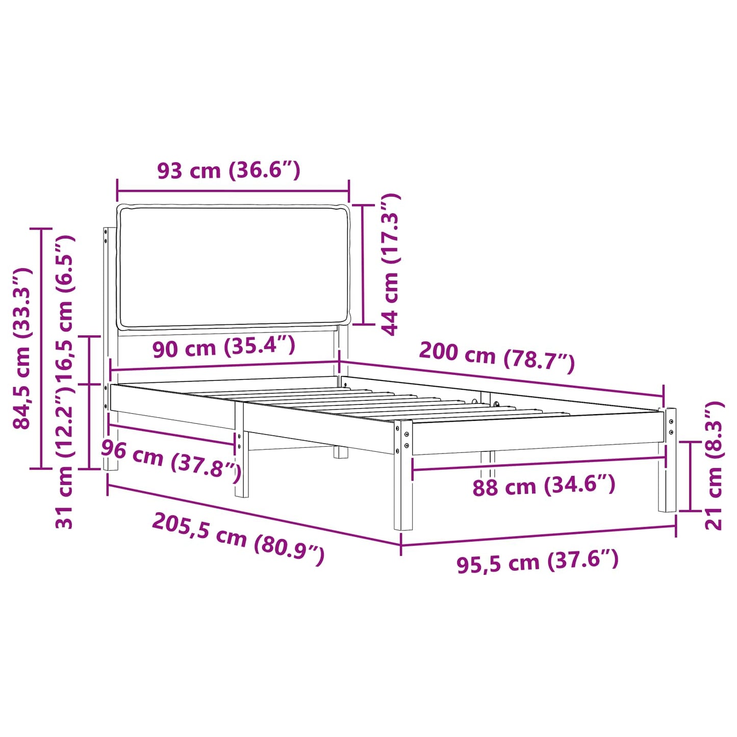 Sengestel med Polstret Hovedgavl Brun og mørkegrå 90 x 200 cm