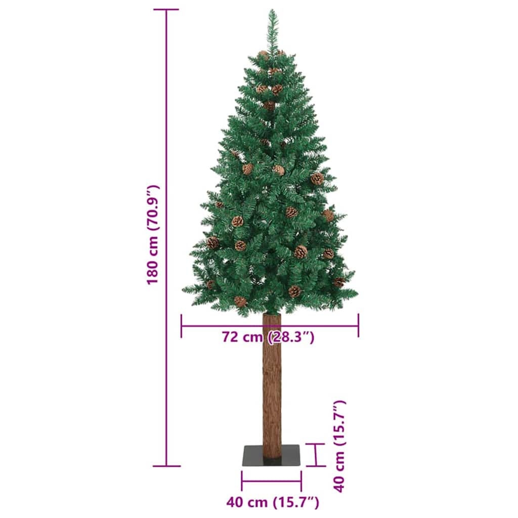 Slankt Juletræ med stativ Grøn 180 cm PVC og Massiv Fyrretræ