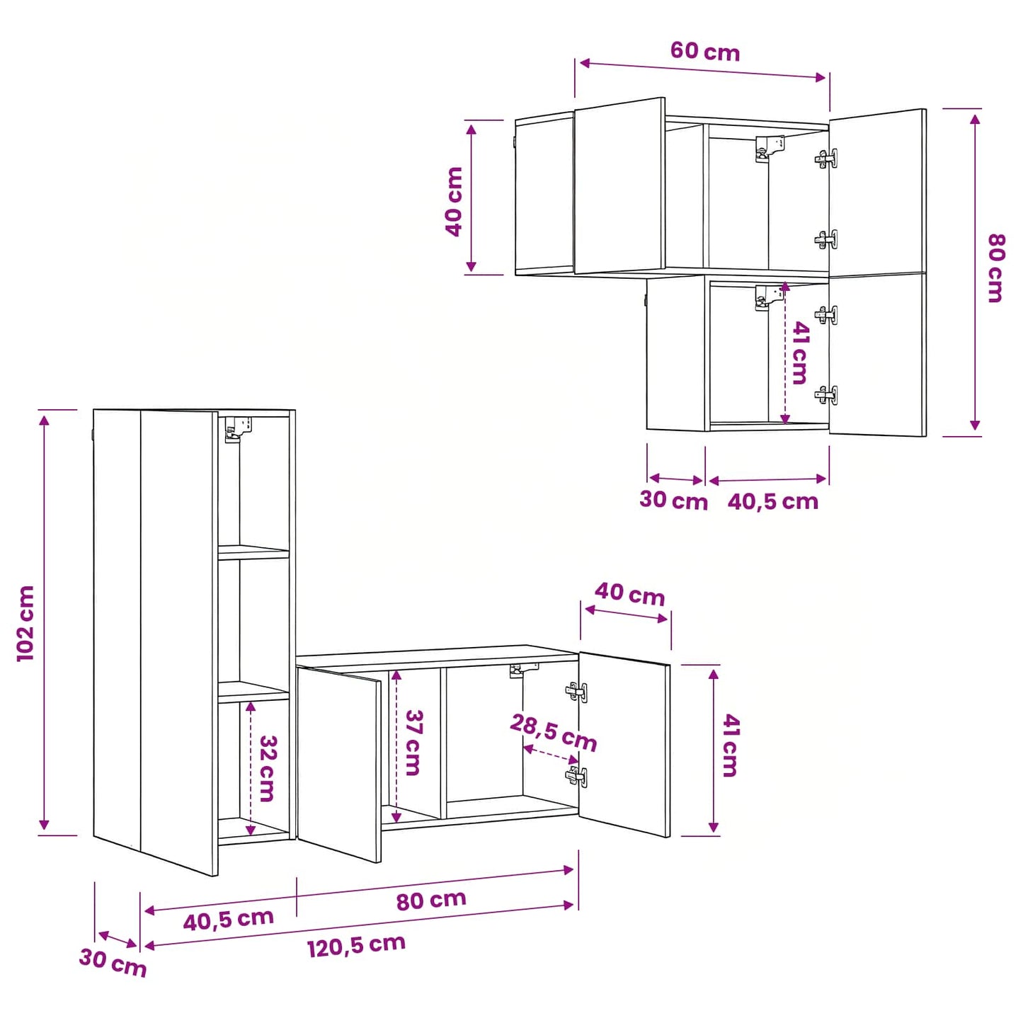 TV-skab Vægmonteret 4 pcs Sort eg Konstrueret træ