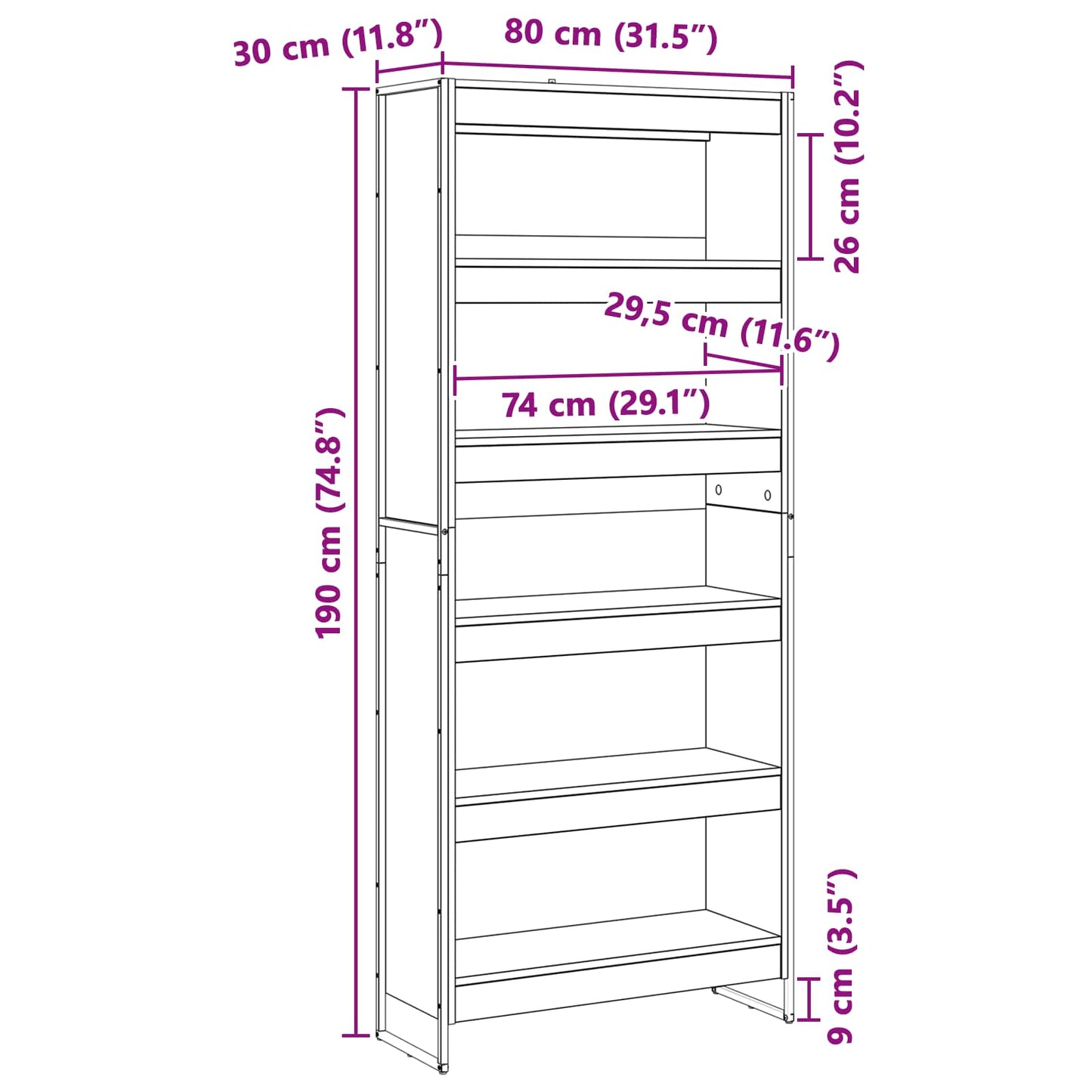 Bogskab 80 x 30 x 189,5 cm Konstrueret træ Sort eg