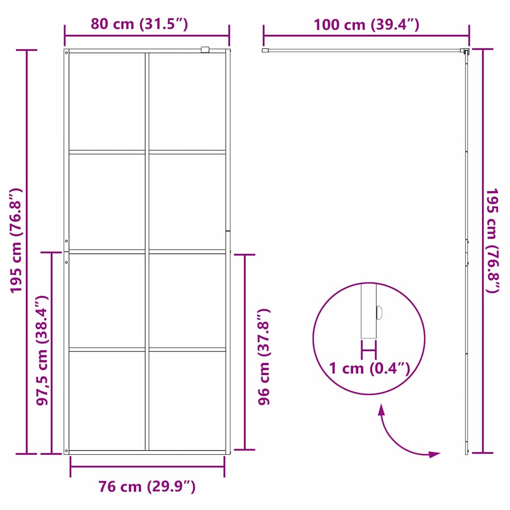 Walk-in brusevæg Sort 80 x 195 cm hærdet glas
