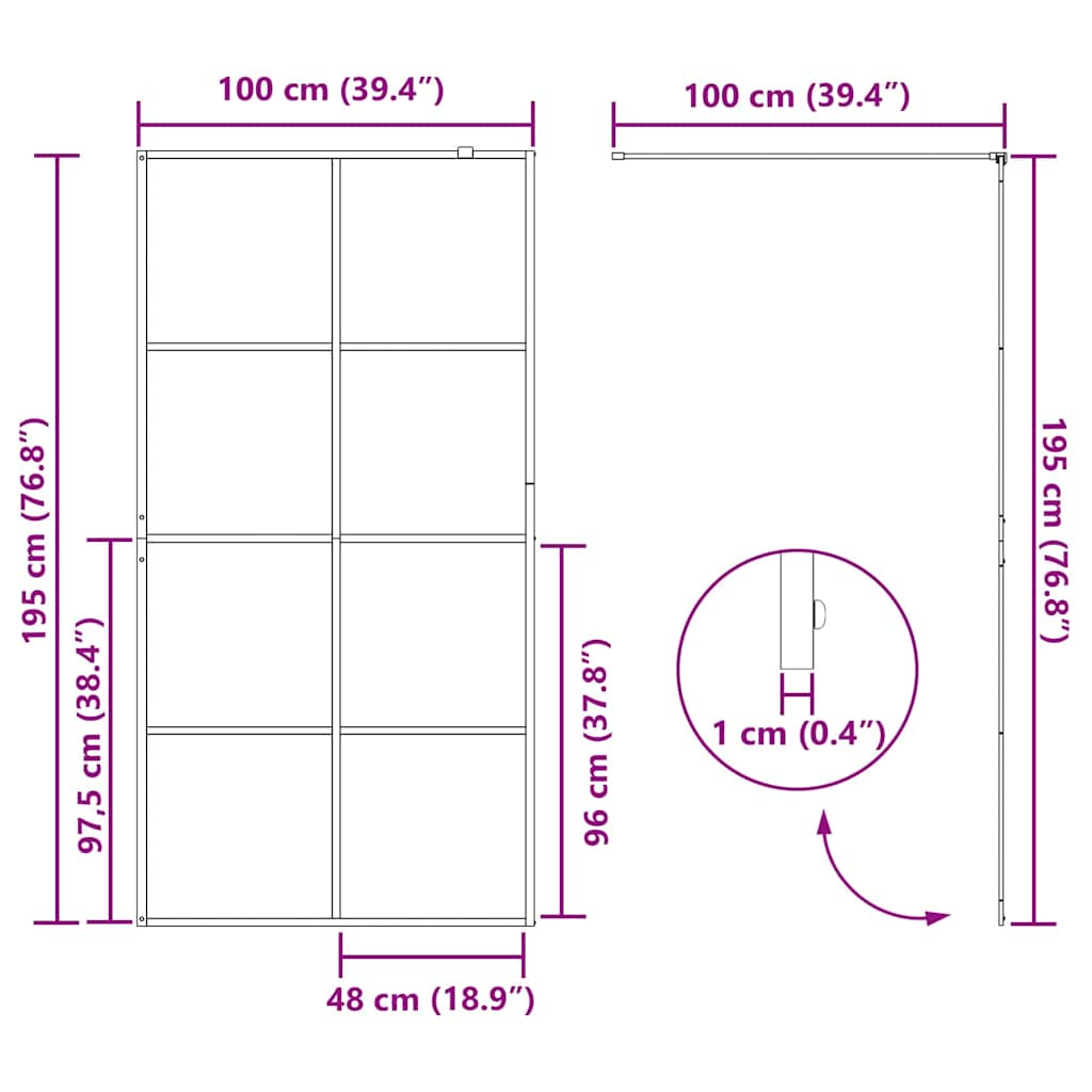 Walk-in brusevæg Sort 100 x 195 cm hærdet glas