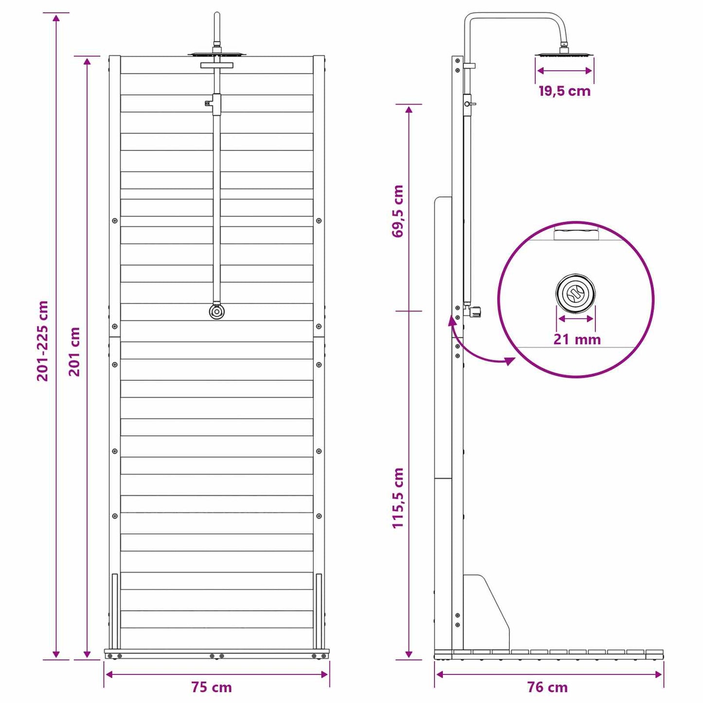 Udendørs bruser 225 cm Massivt fyrretræ og rustfrit stål Hvid