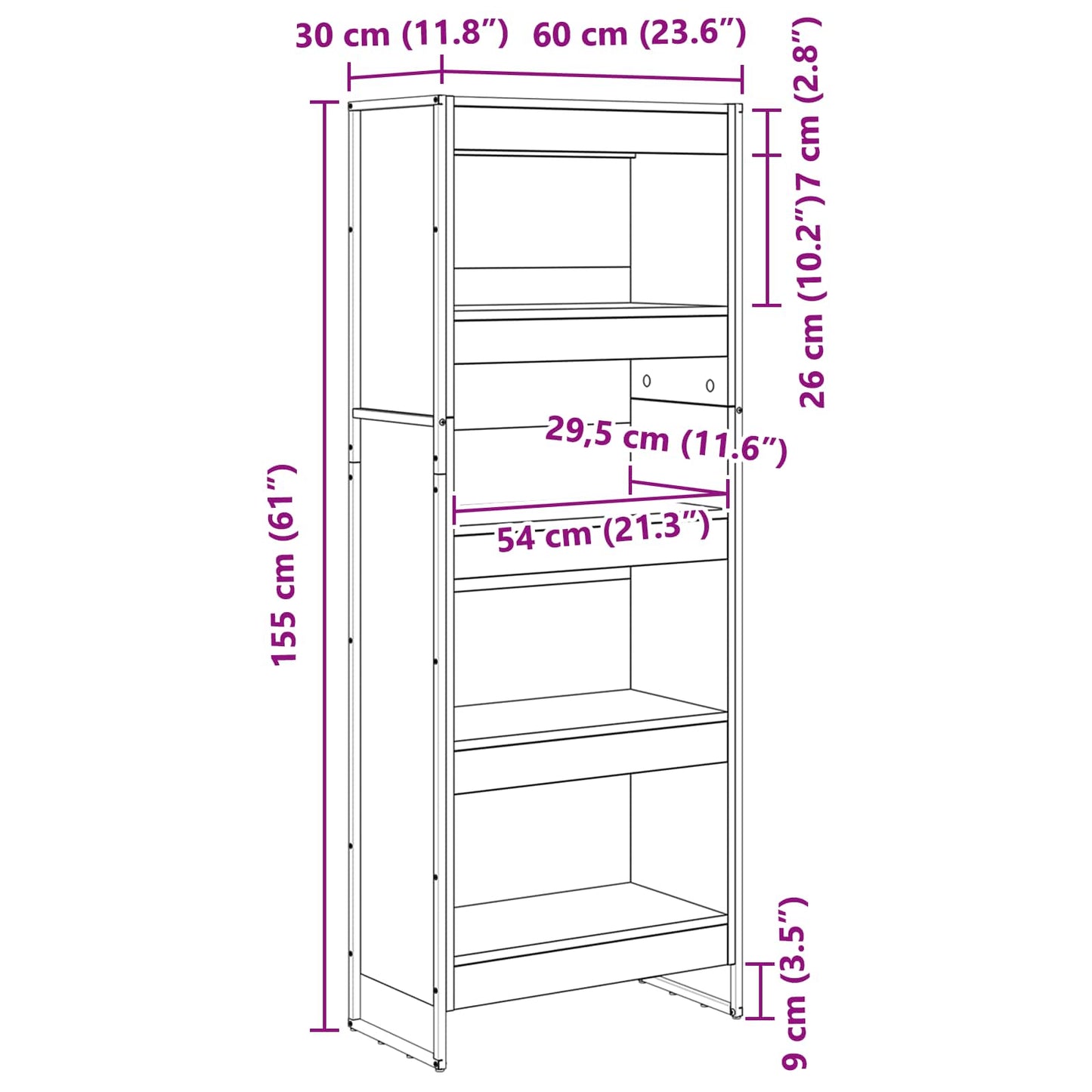 Bogskab 60 x 30 x 155 cm Konstrueret træ Sort eg