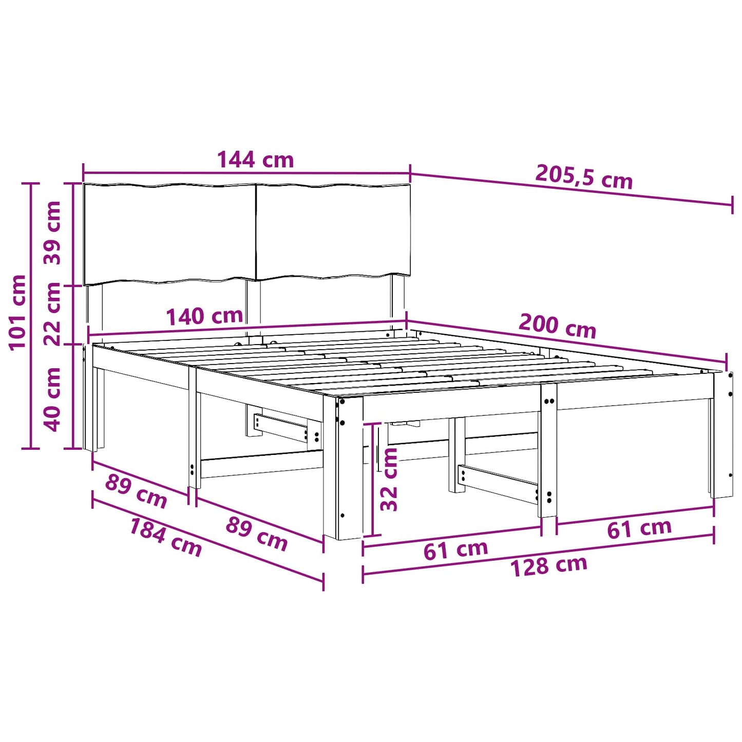 Dobbelt Sengestel med Hovedgærde ROSTOCK Hvid 140 x 200 cm