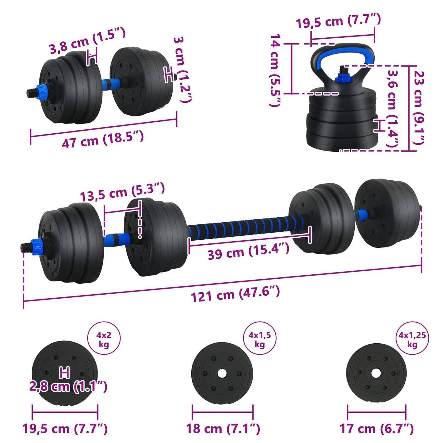 4-i-1 Dumbbell Barbell Kettlebell Sæt 20 kg Sort og Blå