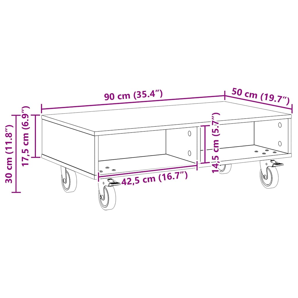 Sidebord med hjul Sonoma eg 90 x 50 x 30 cm Konstrueret træ