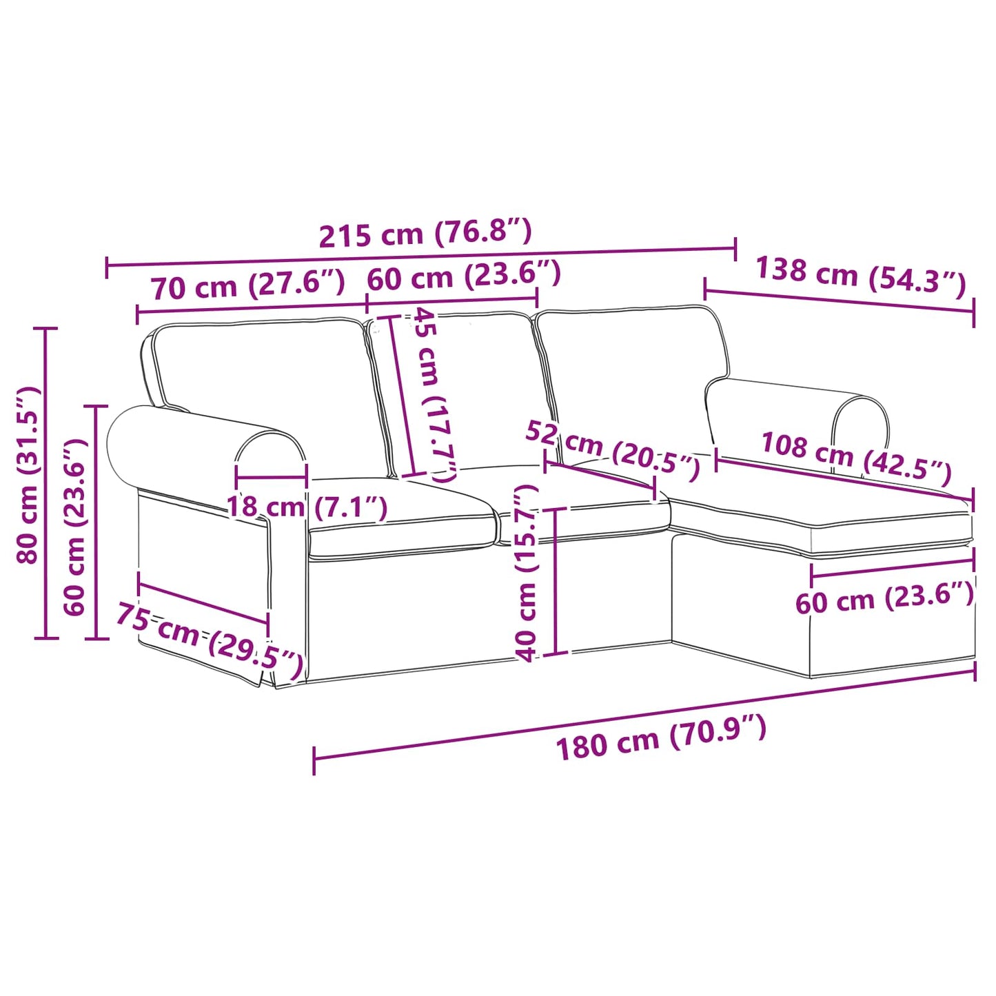 Sofa Sort 215 x 138 x 80 cm Stof