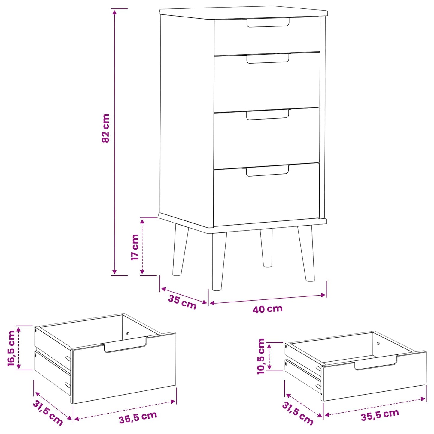 Skuffeskab MOLDE Sort 40 x 35 x 82 cm Massivt fyrretræ